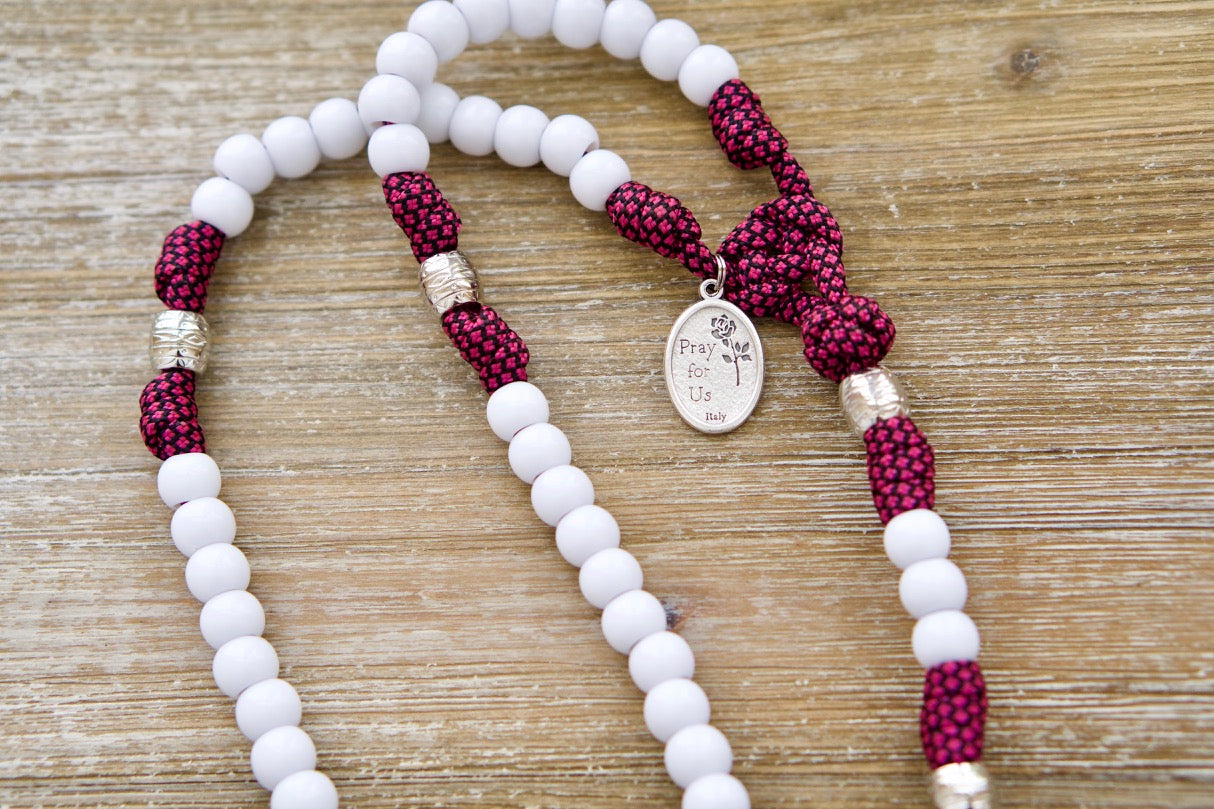 Little Flower St. Therese 5 Decade Paracord Rosary - Durable Pink & White Catholic Gift for Kids - Sanctus Servo