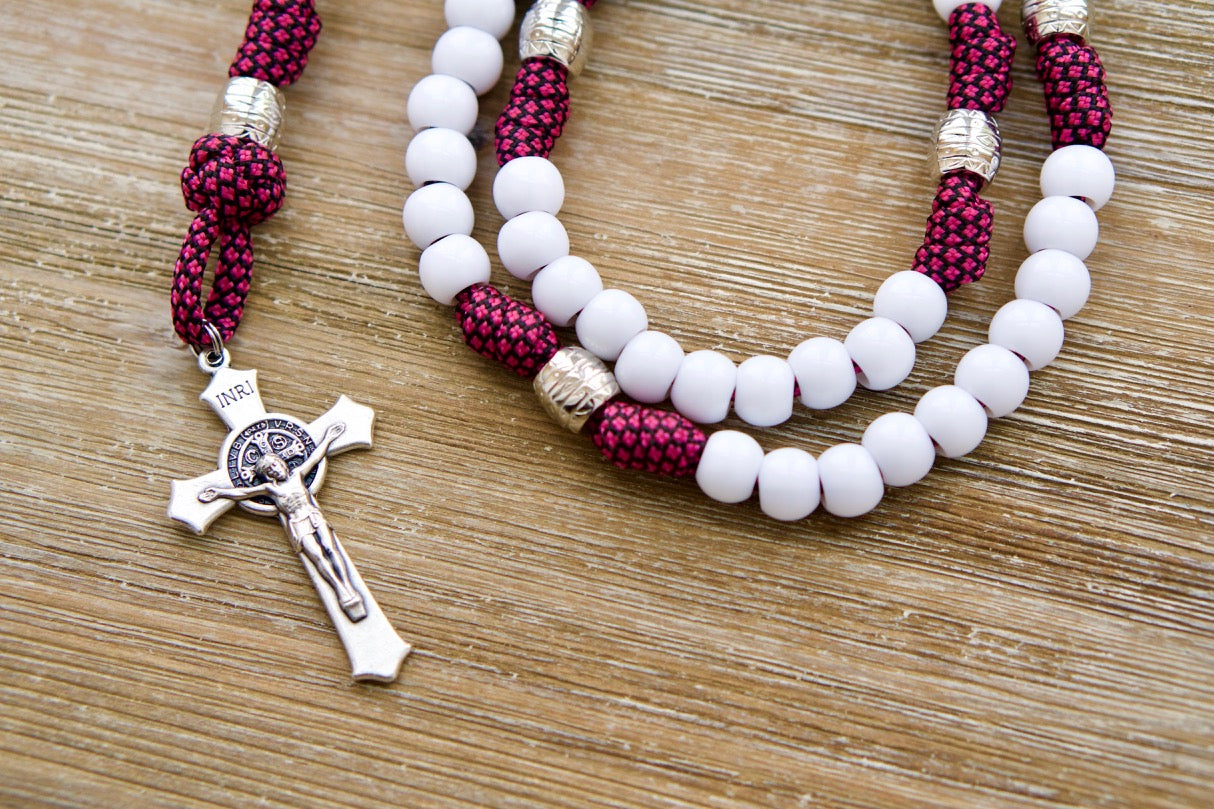 Paracord Rosary with St. Therese - Little Flower Design in Pink & White, 5 Decade Rosary for Catholic Prayer