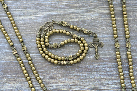 Premium metal paracord rosary with olive green camo cord, sturdy alloy beads, St. Michael medal, and 2-inch pardon crucifix.