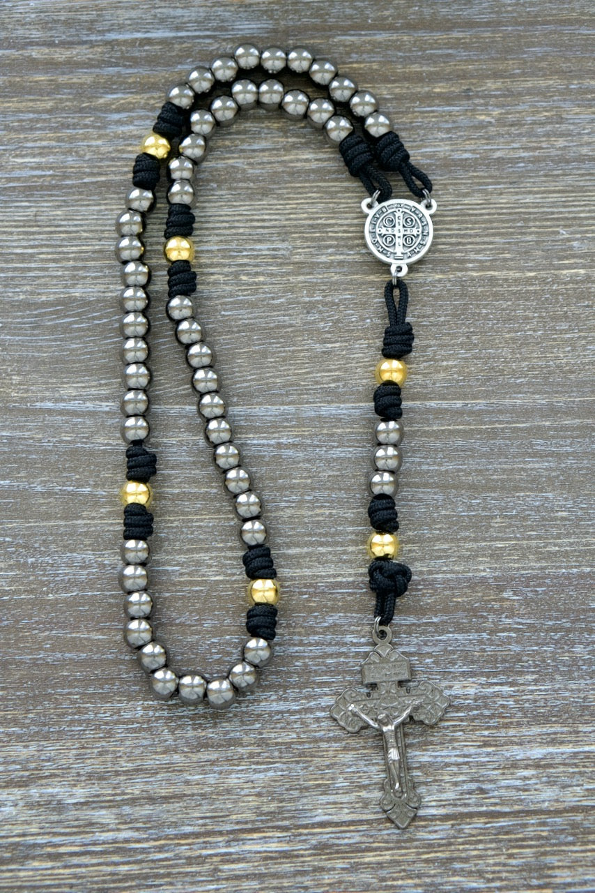 Stronghold of Grace | Gunmetal, Gold and Black | Premium Metal Rosary with Unbreakable Paracord - Perfect Catholic Gift for Men and Children