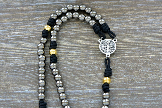 Premium Gunmetal, Gold and Black Metal Rosary - Stronghold of Grace by Sanctus Servo; Durable Paracord 275 with St. Benedict Center Medallion and 2-inch Pardon Crucifix for Men's Catholic Gifts