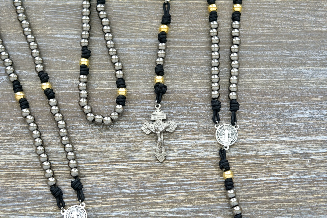 Stronghold of Grace Paracord Rosary - Gunmetal, Gold and Black | Premium Metal Rosary with Durable Paracord, St. Benedict Medal, and 2-inch Pardon Crucifix, Perfect for Personal Devotion or Gift Giving