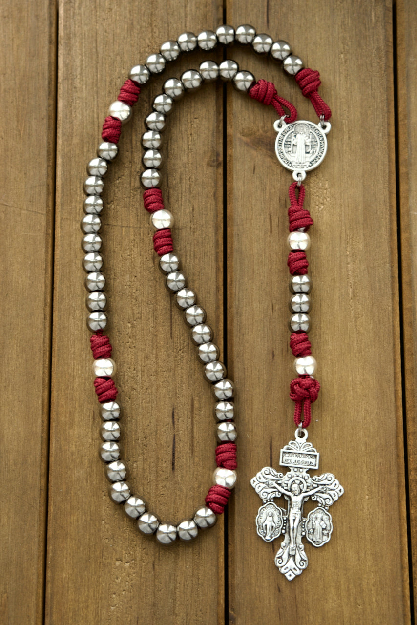 Premium Maroon, Gunmetal & Silver Sword of the Faithful Paracord Rosary - Strengthen your faith with unbreakable durability