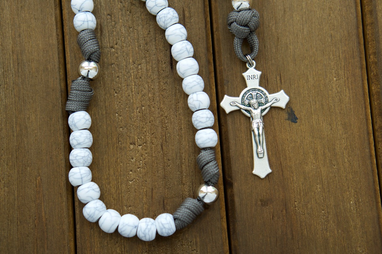 The Faithful Fortress - Gray, Ivory and Silver - 5 Decade Paracord Rosary with Miraculous Medal and St. Benedict Crucifix, handmade by a small Catholic family, perfect for daily prayer and spiritual battles, durable and unbreakable design, available in different sizes and customizable colors.