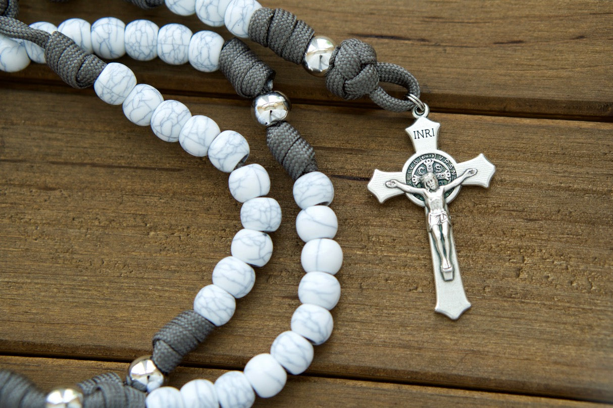 The Faithful Fortress - Gray, Ivory and Silver - 5 Decade Paracord Rosary with Miraculous Medal and St. Benedict Crucifix, handmade by a Catholic family, durable and unbreakable, perfect for daily prayer battles.
