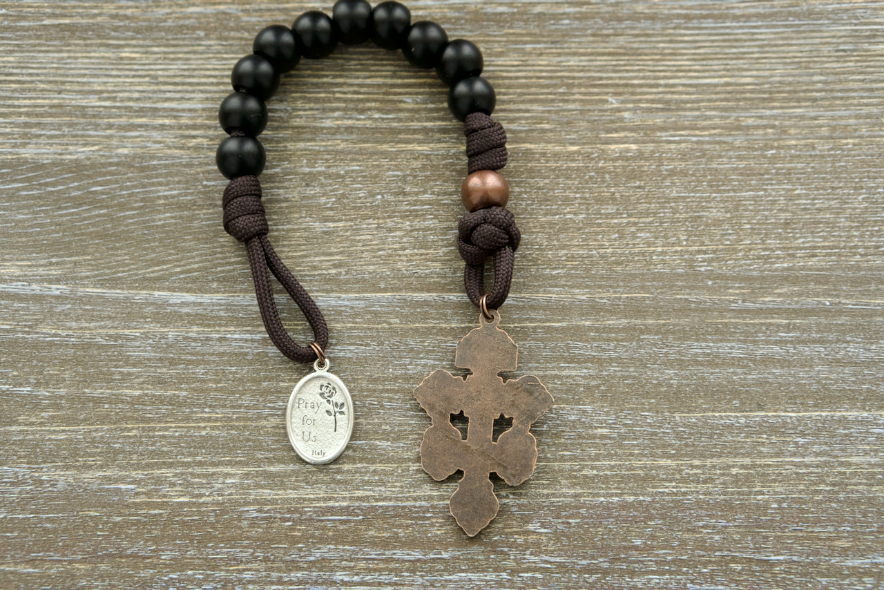 The Franciscan Forge | St. Francis Pocket Paracord Rosary - Durable, Premium Brown Paracord Rosary with Copper & Black Beads and St. Francis Devotional Medal