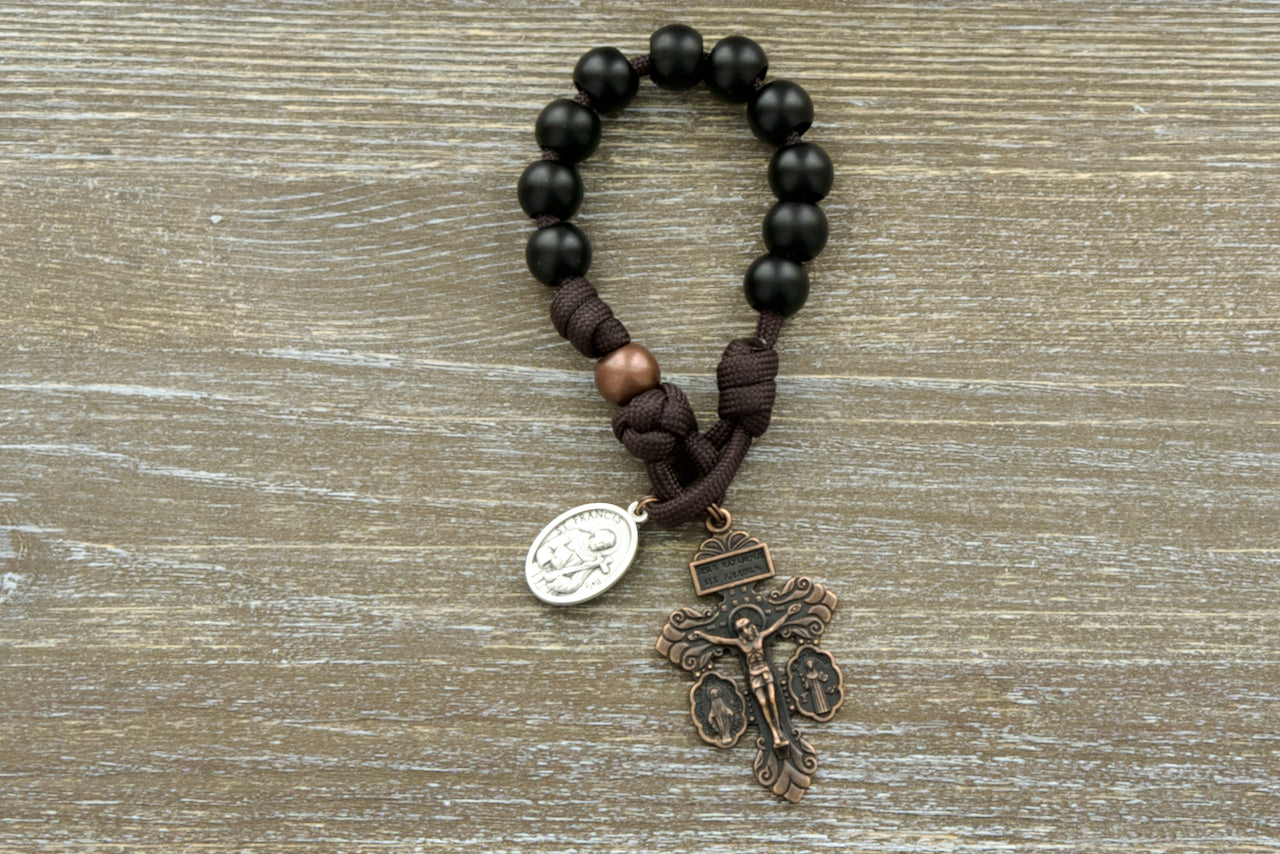 Sanctus Servo's St. Francis Pocket Paracord Rosary - Premium Brown Paracord, Copper & Black Beads, St. Francis Devotional Medal, and Triple Threat Crucifix
