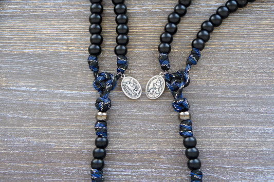 Thin Blue Line - 5 Decade Paracord Rosary: camo paracord rope rosary with matte black Hail Mary beads, gunmetal Our Father beads, and St. Michael/Guardian Angel devotional medal.