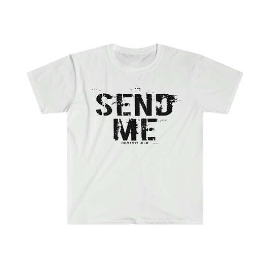 White Gildan T-Shirt with black "Send Me" Isaiah 6:8 bible versetext printed on it by Sanctus Servo.
