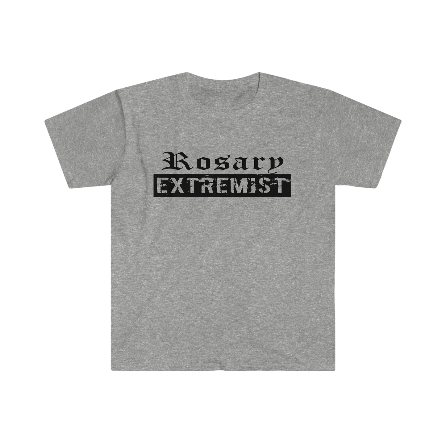 Heather Gray Gildan T-Shirt with black "Rosary Extremist" text printed on it by Sanctus Servo.