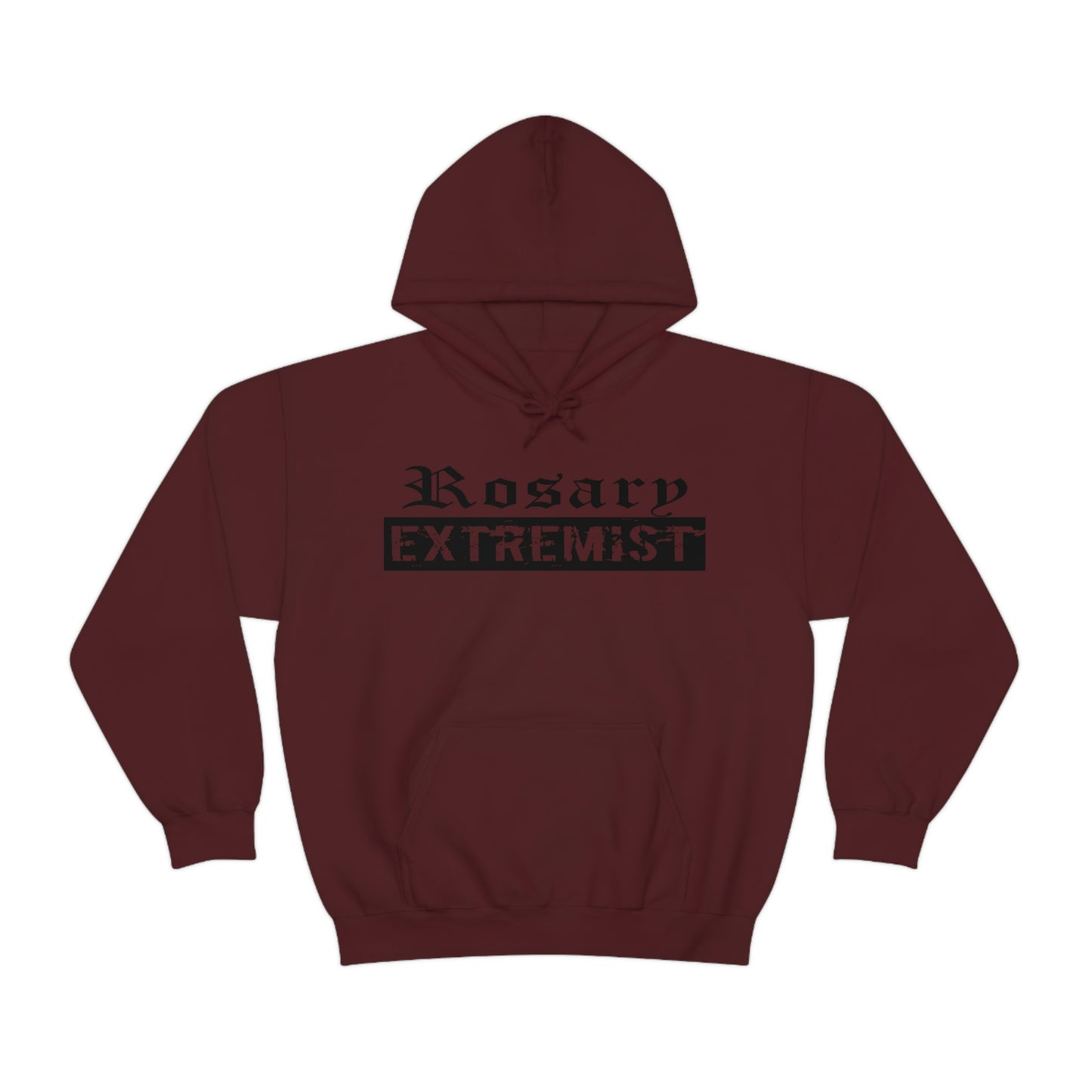Maroon Dark Red Gildan Hoodie with black "Rosary Extremist" text printed on it by Sanctus Servo.