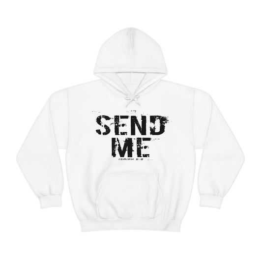 White Gildan sweatshirt with black "Send Me" Isaiah 6:8 bible verse text printed on it by Sanctus Servo.