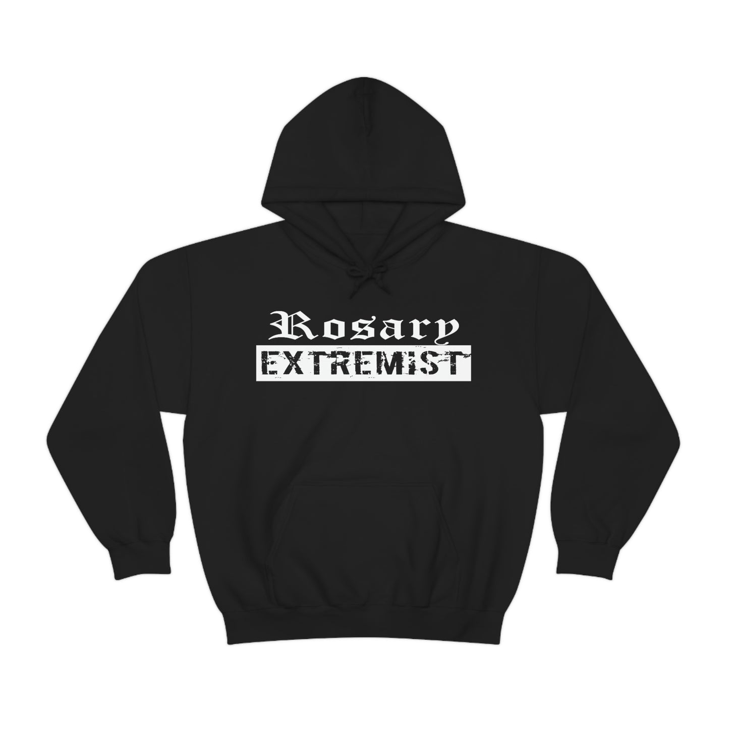 Black Gildan Hoodie with white "Rosary Extremist" text printed on it by Sanctus Servo.