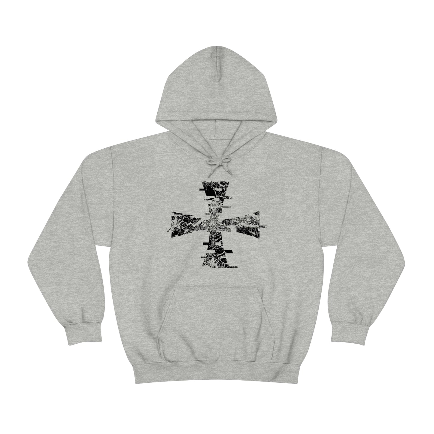 Distressed Digital Crusader Logo by Sanctus Servo on a Heather Gray Gildan Hoodie