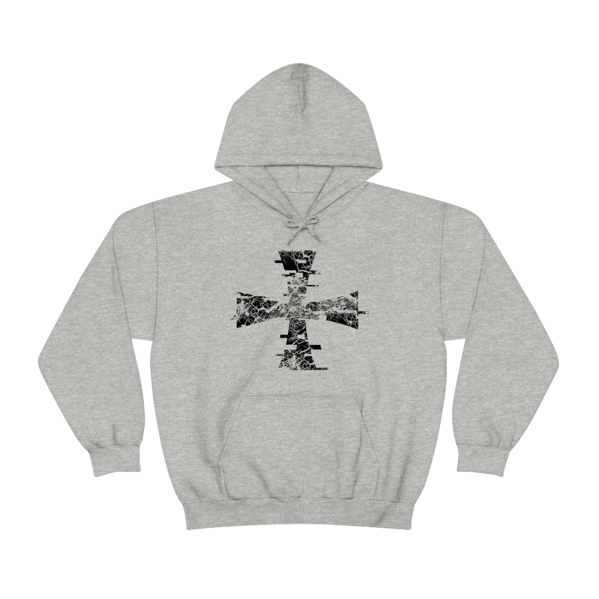 Distressed Digital Crusader Logo by Sanctus Servo on a Heather Gray Gildan Hoodie