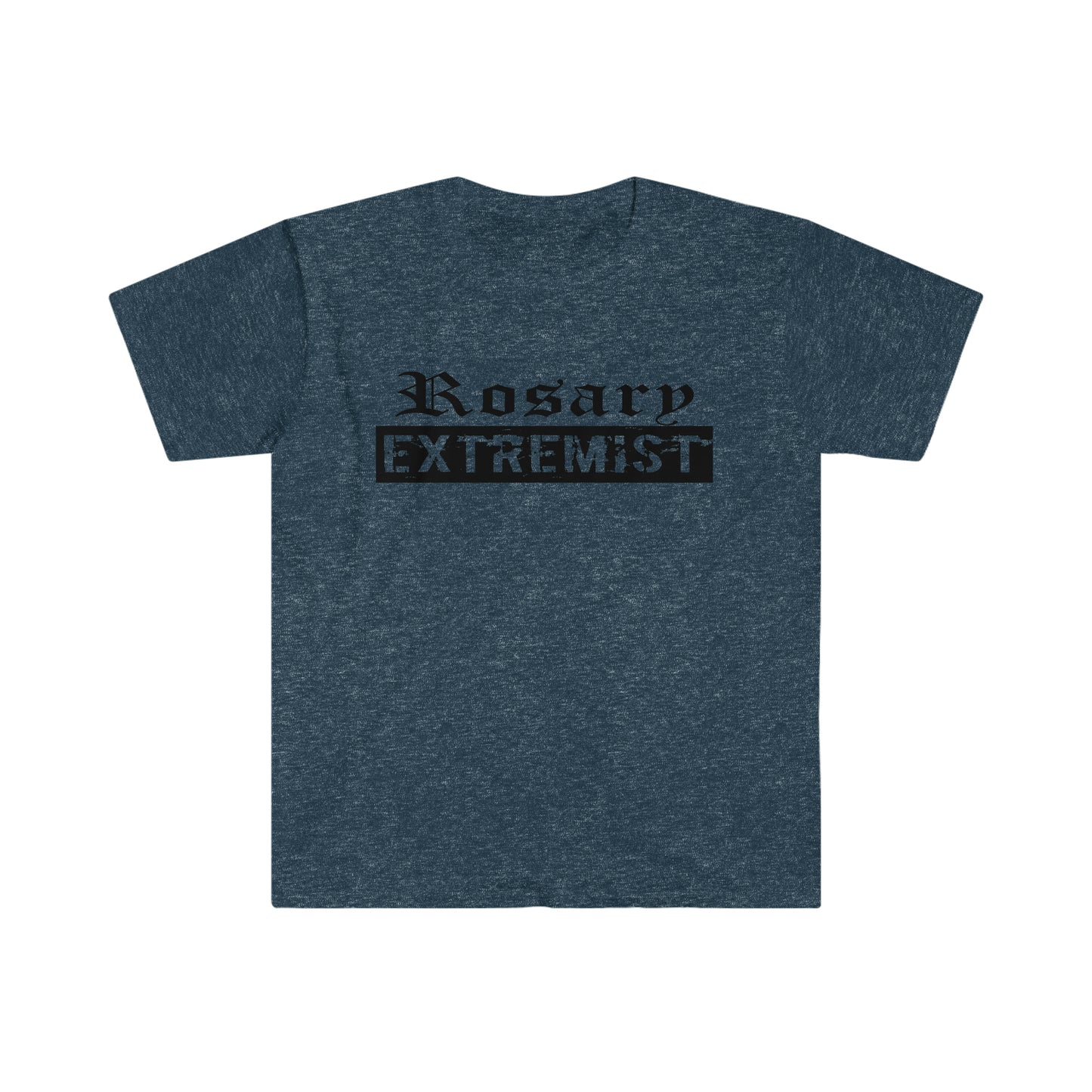Heather Navy Blue Gildan T-Shirt with black "Rosary Extremist" text printed on it by Sanctus Servo.