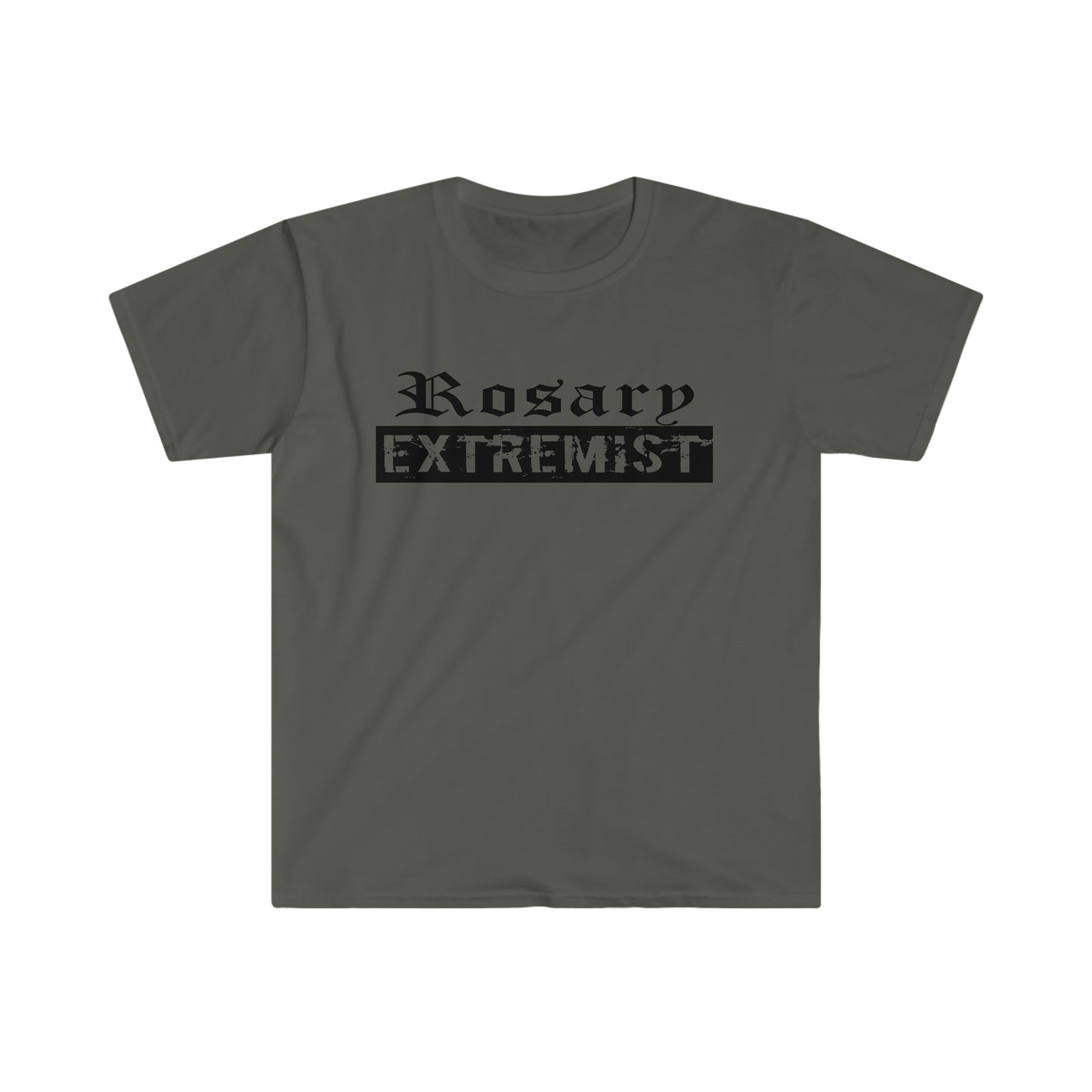 Charcoal Gray Gildan T-Shirt with black "Rosary Extremist" text printed on it by Sanctus Servo.