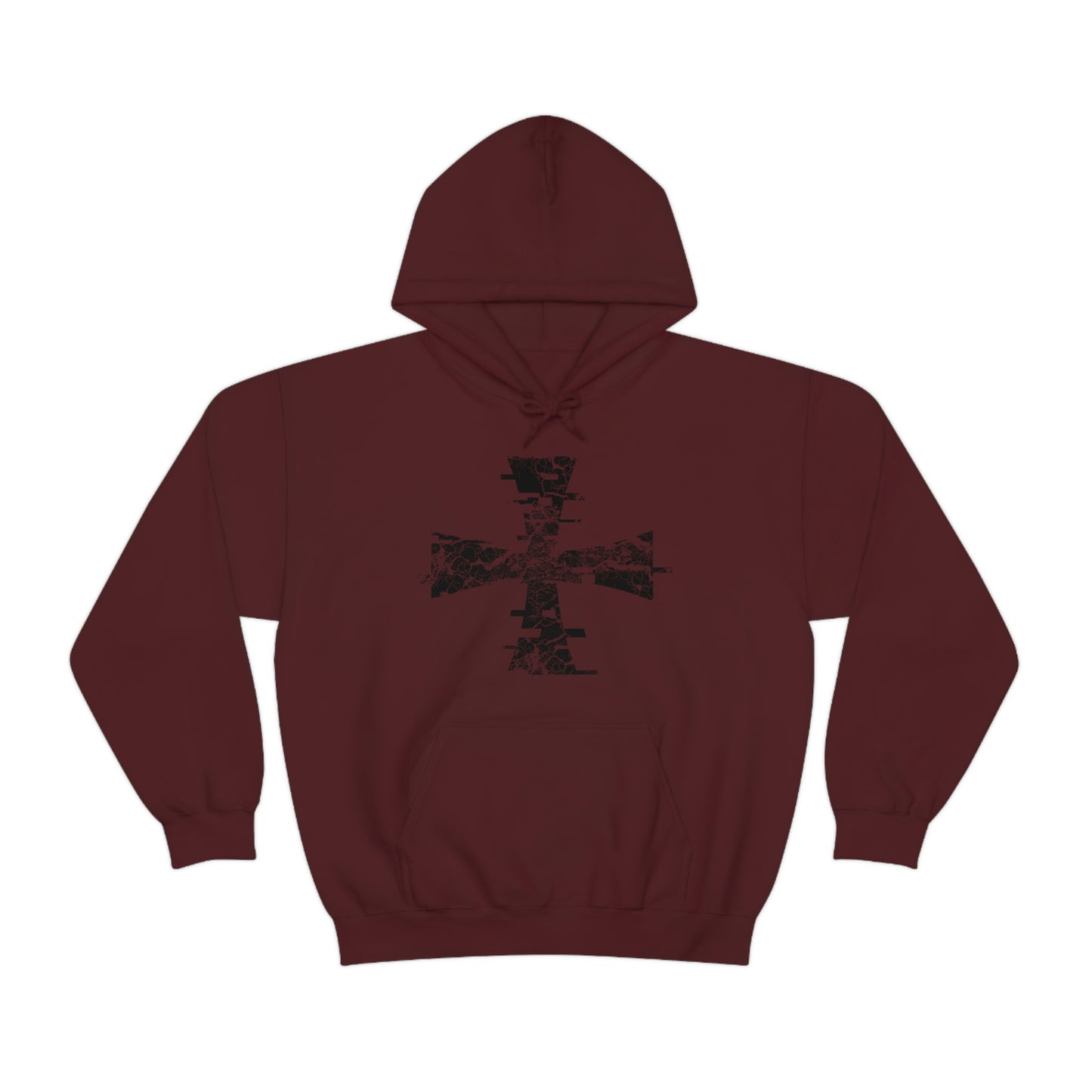 Maroon, Dark Red Gildan Hoodie with Sanctus Servo's Digital Crusader, Distressed Logo on it
