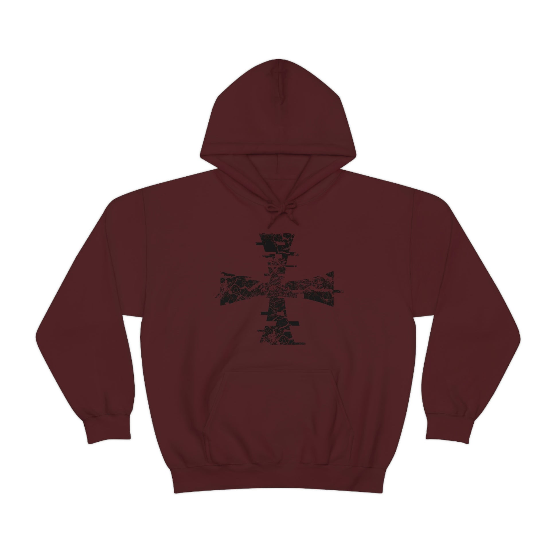 Maroon, Dark Red Gildan Hoodie with Sanctus Servo's Digital Crusader, Distressed Logo on it