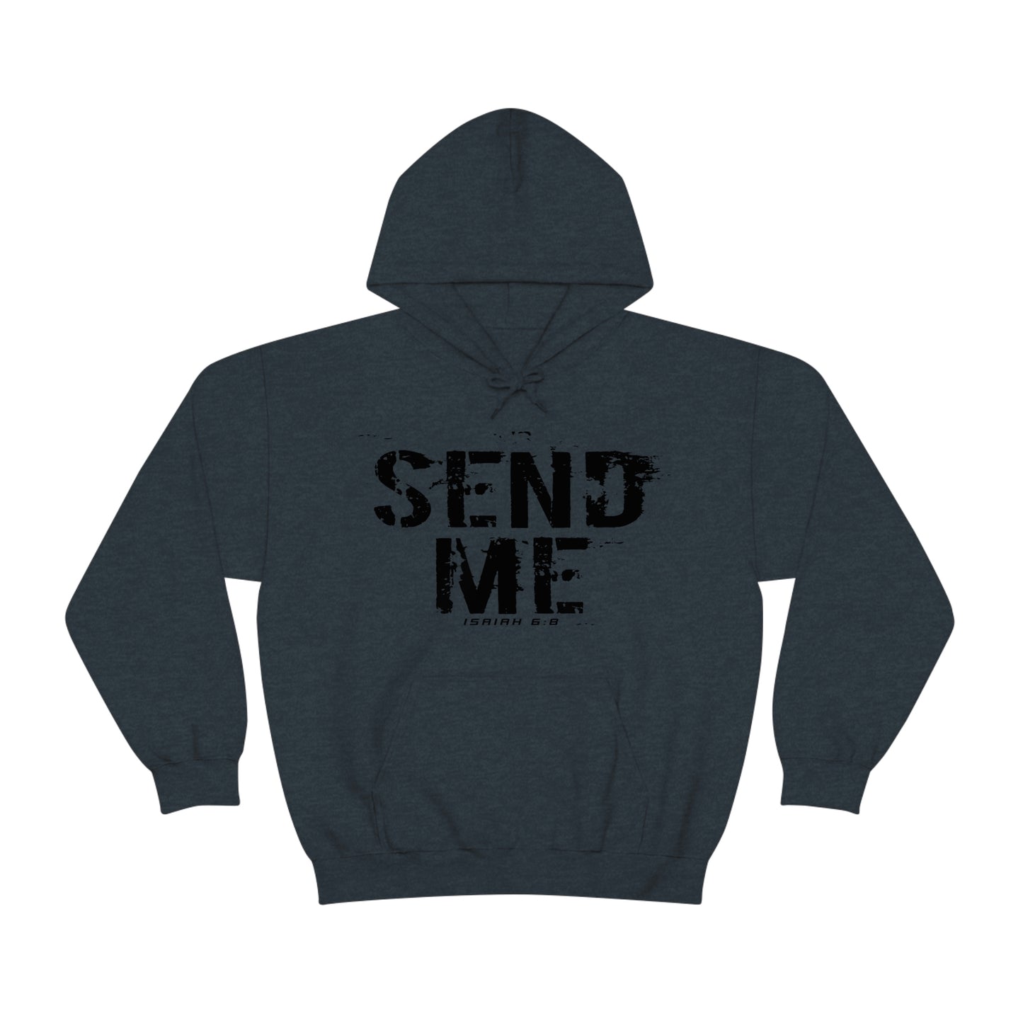 Heather Navy Blue sweatshirt with black "Send Me" Isaiah 6:8 bible verse text printed on it by Sanctus Servo.