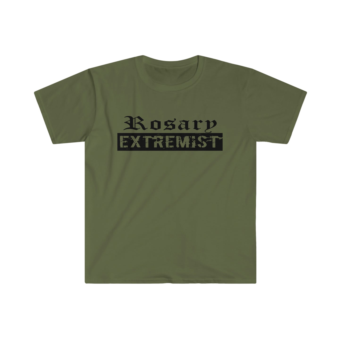 Olive Green Gildan T-Shirt with black "Rosary Extremist" text printed on it by Sanctus Servo.