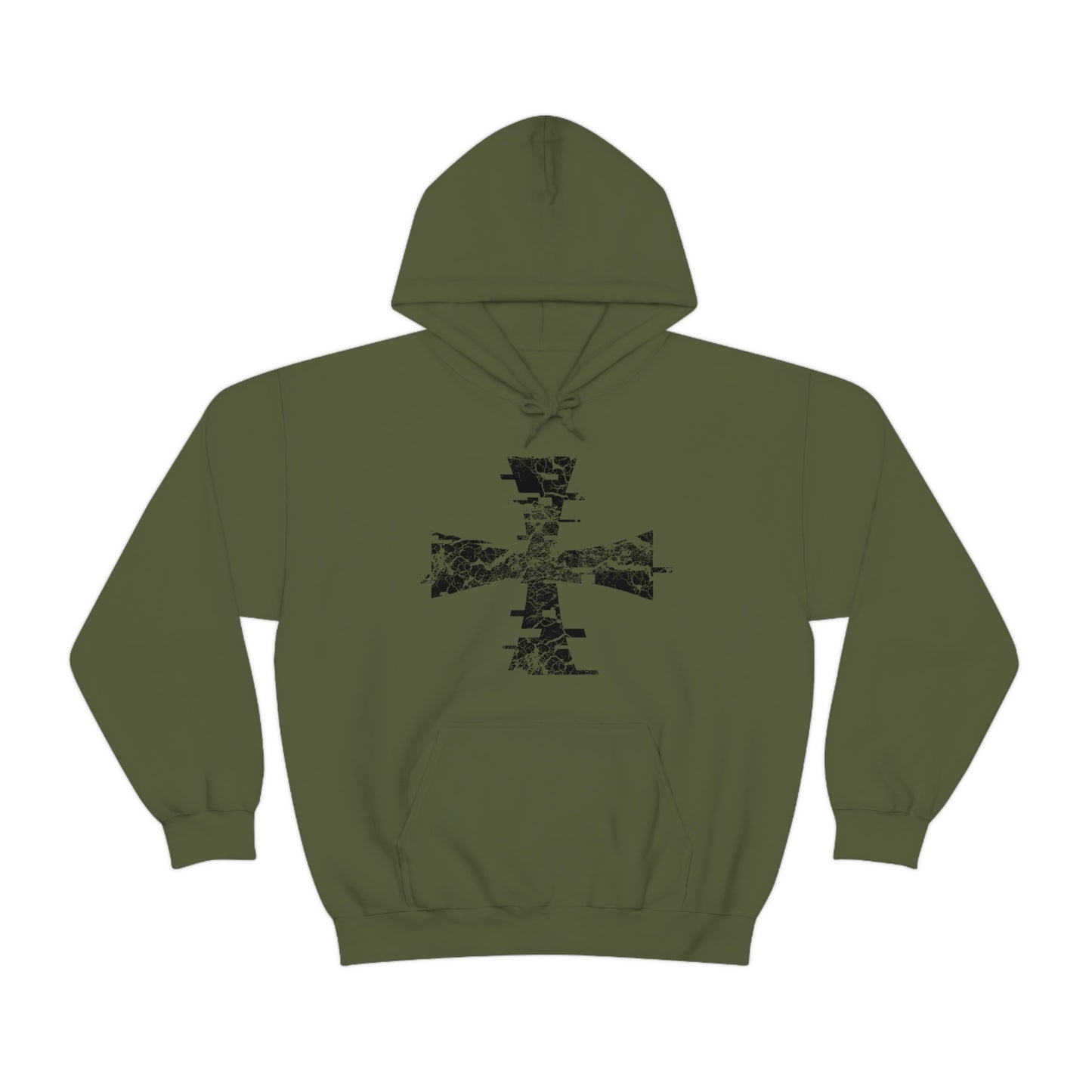 Olive Green Gildan Hoodie with Sanctus Servo Digital Crusader Distressed printed on the center