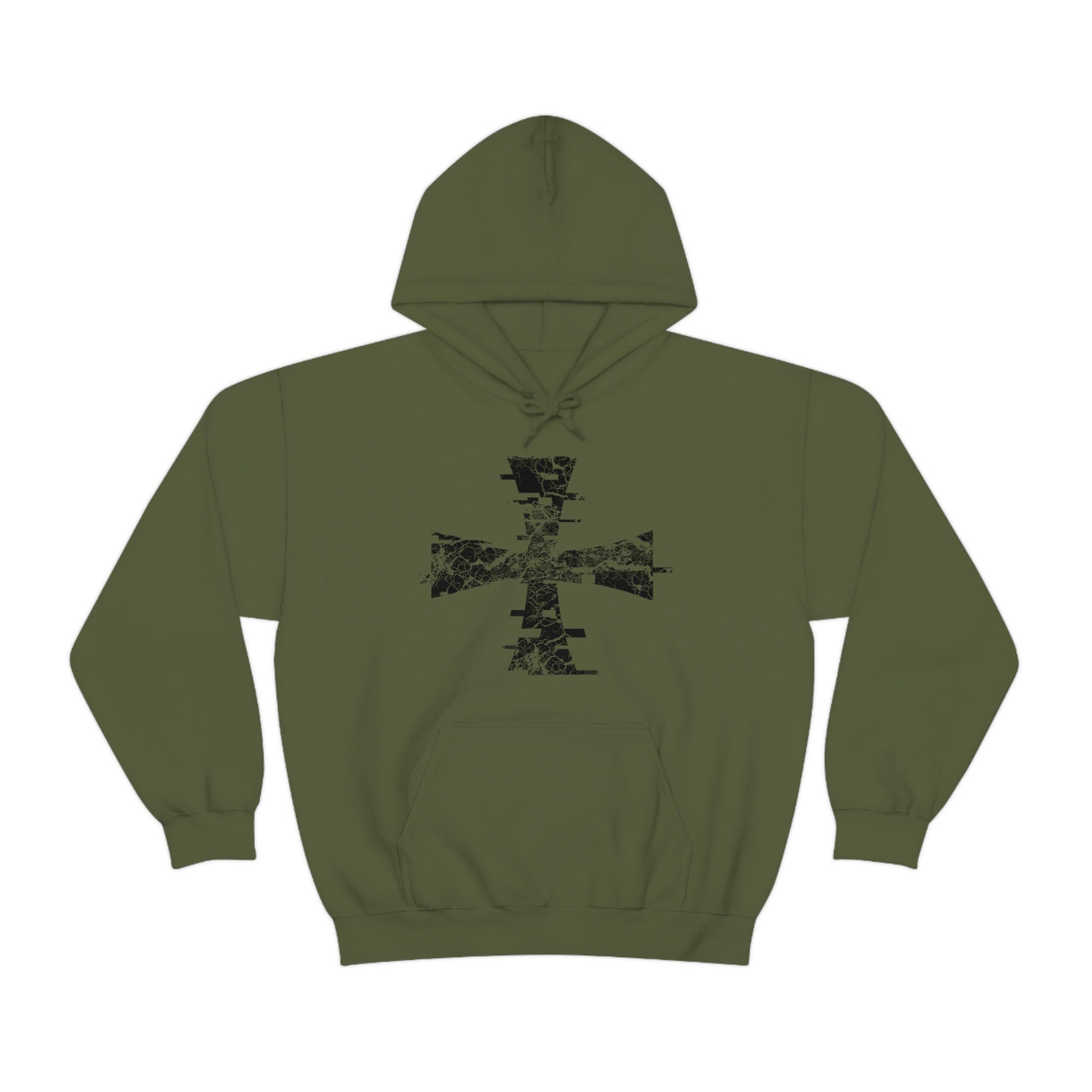 Olive Green Gildan Hoodie with Sanctus Servo Digital Crusader Distressed printed on the center