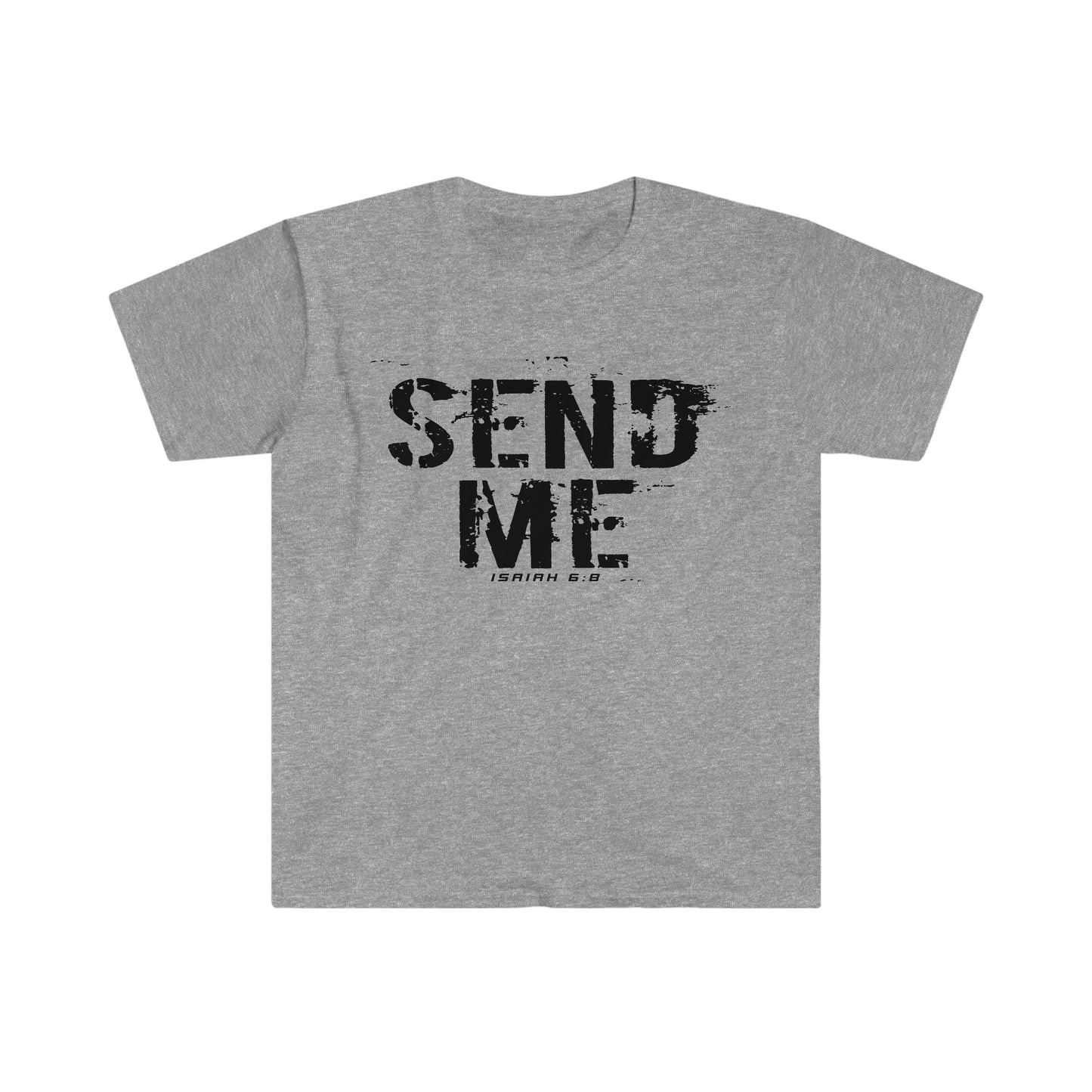 Heather Gray Gildan T-Shirt with black "Send Me" Isaiah 6:8 bible versetext printed on it by Sanctus Servo.