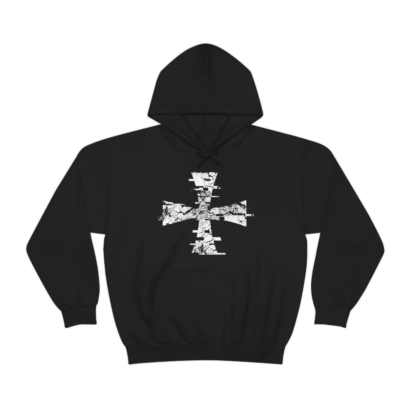 White Digital Crusader Logo, Distressed on a Black Gildan Hoodie