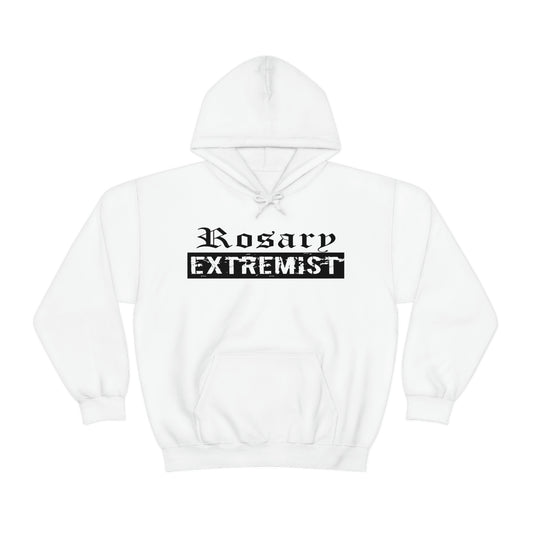 White Gildan Hoodie with black "Rosary Extremist" text printed on it by Sanctus Servo.