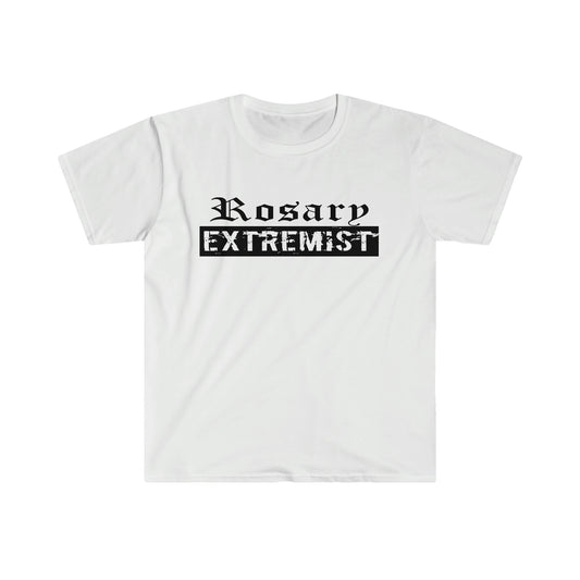 White Gildan T-Shirt with black "Rosary Extremist" text printed on it by Sanctus Servo.