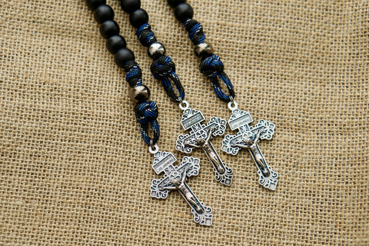 Protect and pray with the Thin Blue Line - 1 Decade Paracord Rosary, perfect for LEOs on or off duty. Durable camo design, premium black beads, and unbreakable paracord make it a powerful spiritual weapon. A great Catholic gift for your fellow guardians.