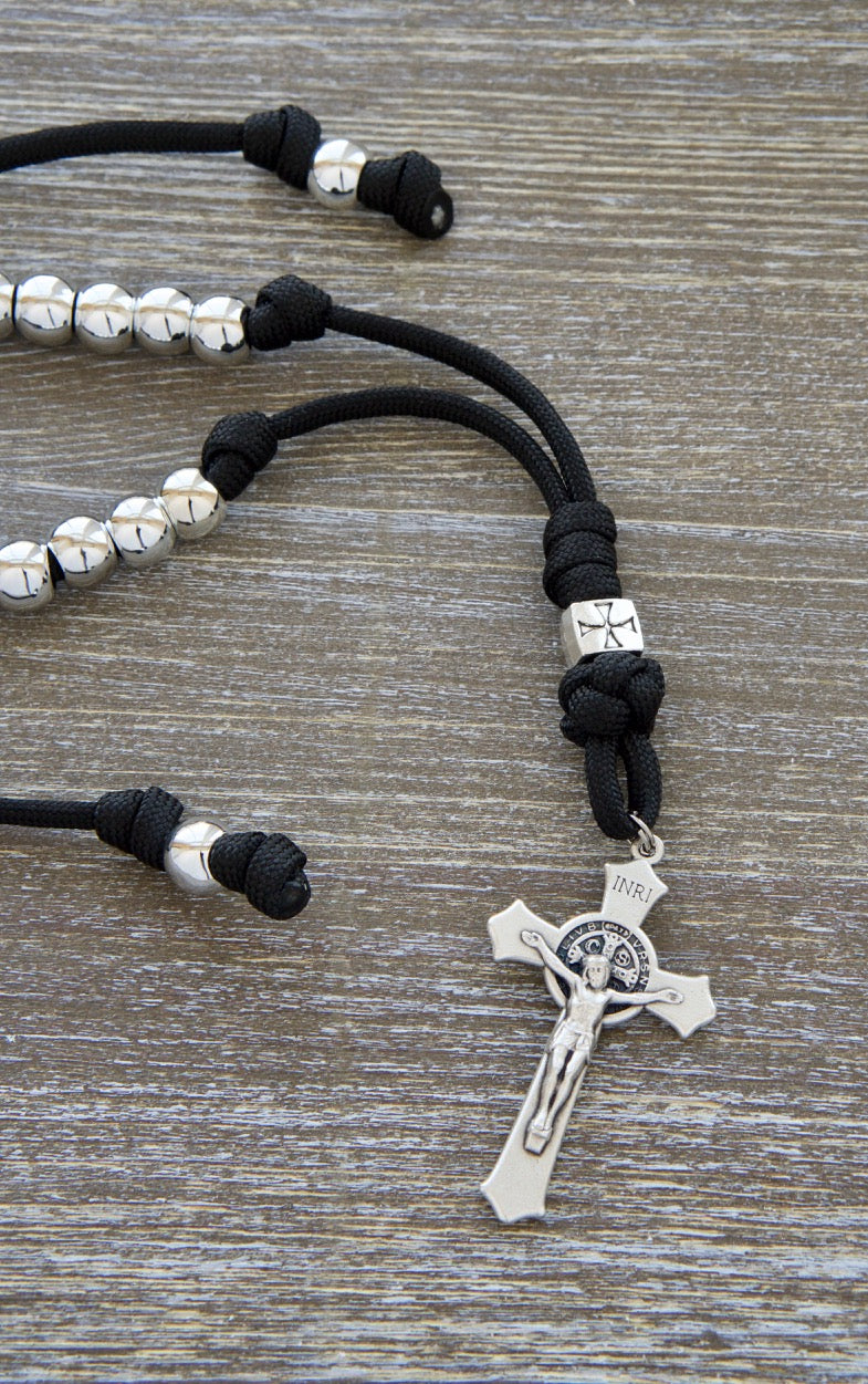 Black and Silver Crusader - Rearview Mirror Paracord Rosary: Durable paracord rosary for Catholic drivers, featuring 10 Hail Mary beads and a metal crusader Our Father bead. Adjustable length of 9-13 inches.