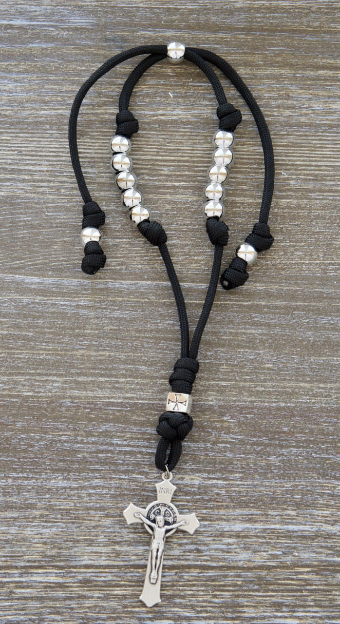 Black and Silver Crusader Rearview Mirror Paracord Rosary for Catholic drivers, perfect travel companion with adjustable length, durable paracord, and 10 Hail Mary beads.