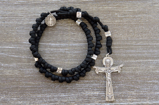 Black and Silver Crusader Paracord Rosary with St. Benedict Medal and Holy Trinity Crucifix - Durable and Kid-Tested Design