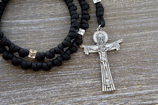 Black and Silver Crusader Knotted Rope Paracord Rosary with St. Benedict Medal and 2.75" Holy Trinity Crucifix, handmade by a Catholic family of 6.