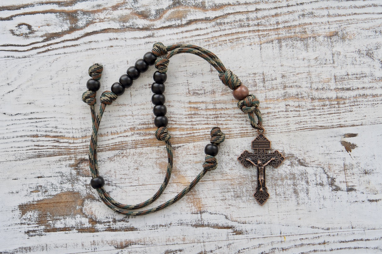 A 1 decade camo copper and black rearview auto rosary for Catholics.