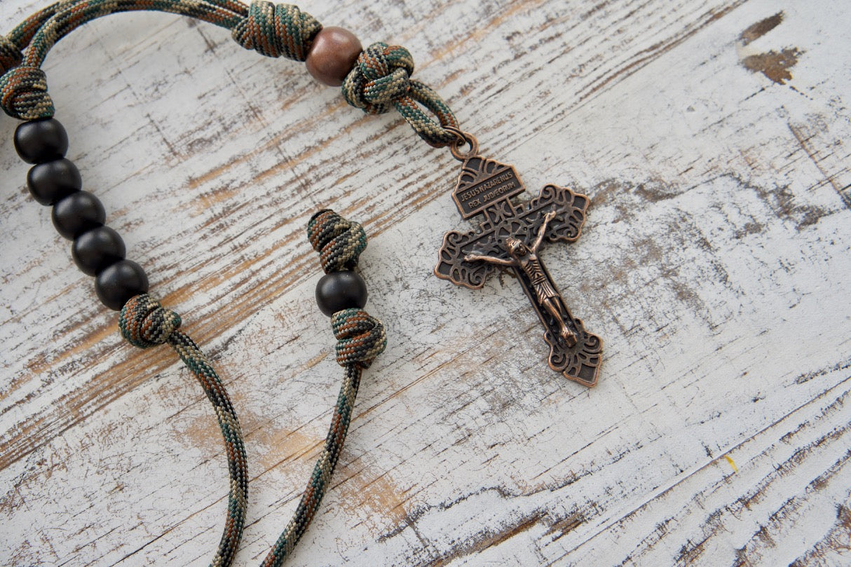 Camo and Copper Rearview Mirror Paracord Rosary - Durable, Adjustable Catholic Car Accessory with Pardon Crucifix