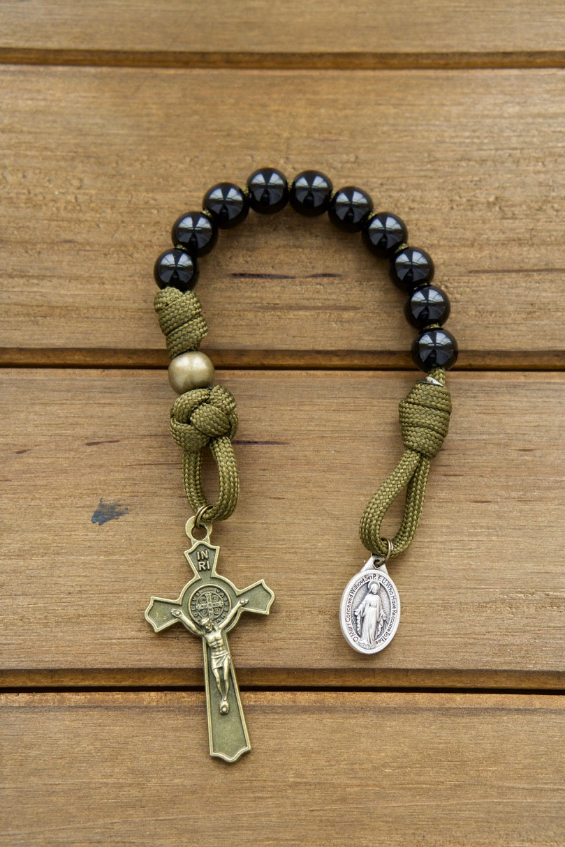 Children's Army Green and Black 1 Decade Paracord Rosary with St. Benedict Crucifix - Durable, Kid-Tested Catholic Gift for Little Warriors