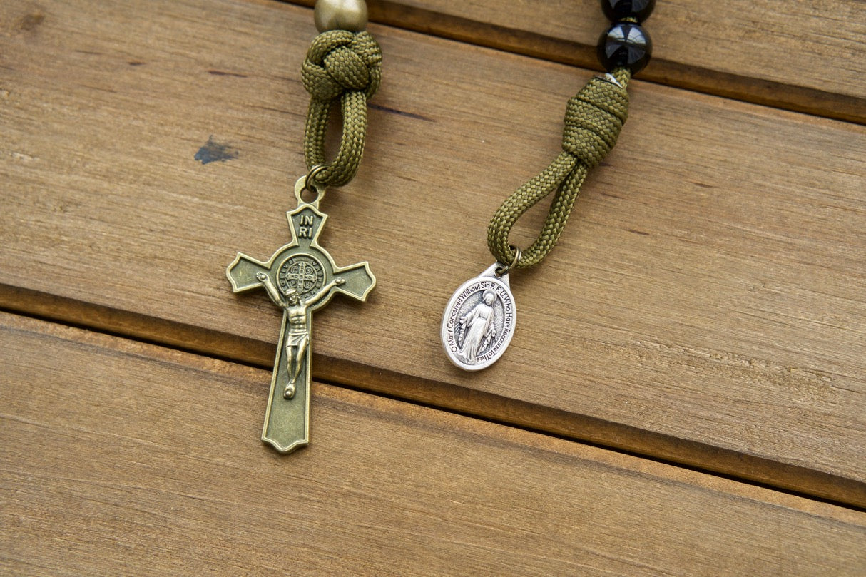 Army green Kid's Paracord Rosary featuring 10mm beads, a brass St. Benedict Crucifix, and a small Miraculous Medal.