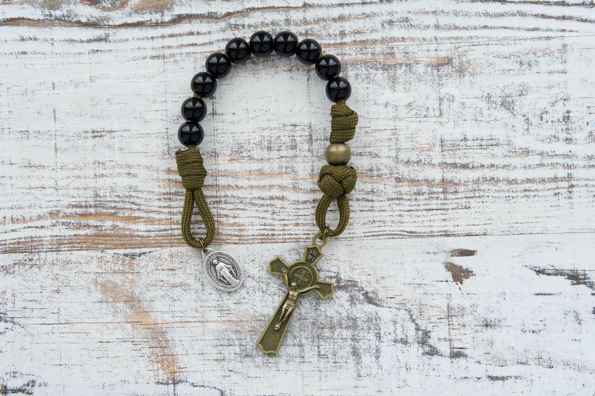 Children's Army Green and Black - 1 Decade Paracord Rosary with St. Benedict Crucifix and Miraculous Medal, perfect for kids on-the-go.
