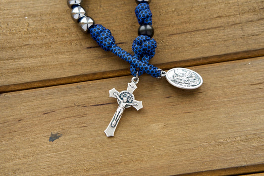 Blue and Gunmetal Single Decade Paracord Rosary with St. Benedict Crucifix and Devotional Medal - Durable Prayer Companion for Boys