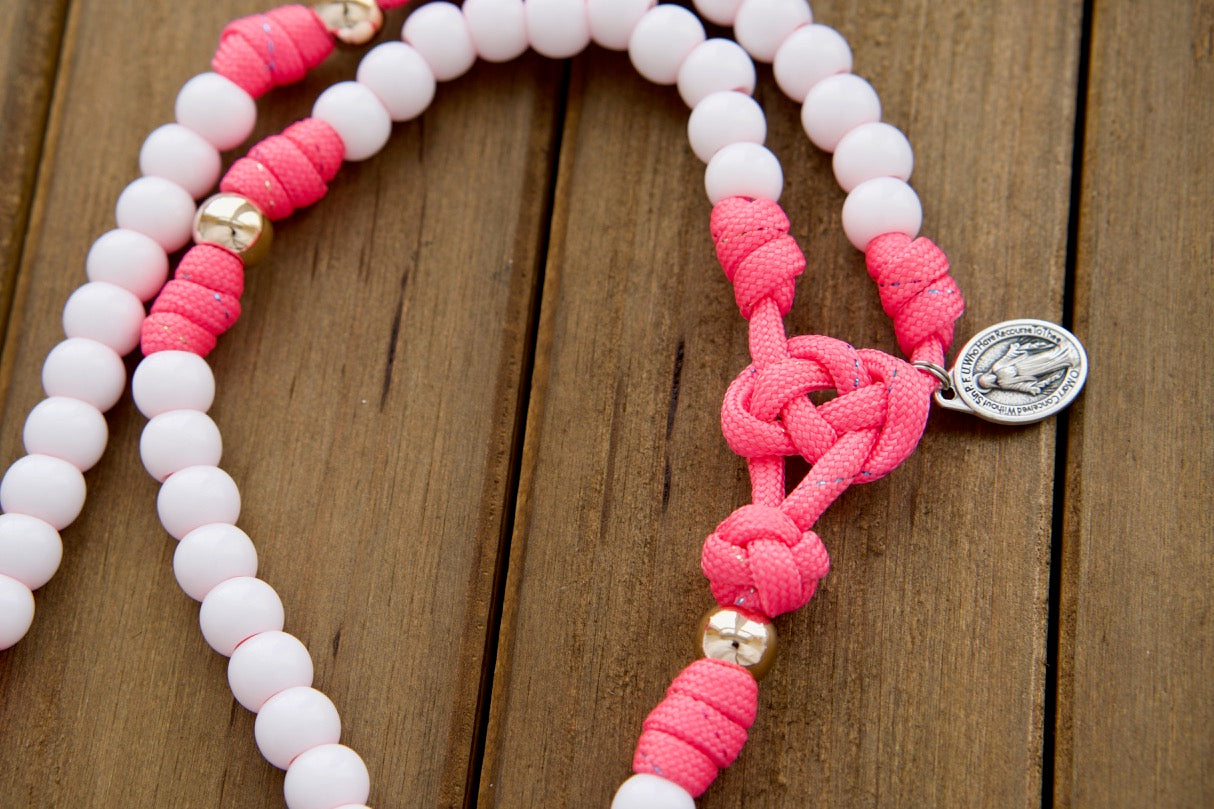 Kid's Pink Paracord Rosary with White Hail Mary Beads and Rose Gold Our Father Beads, Perfect for First Communion or Easter Gift