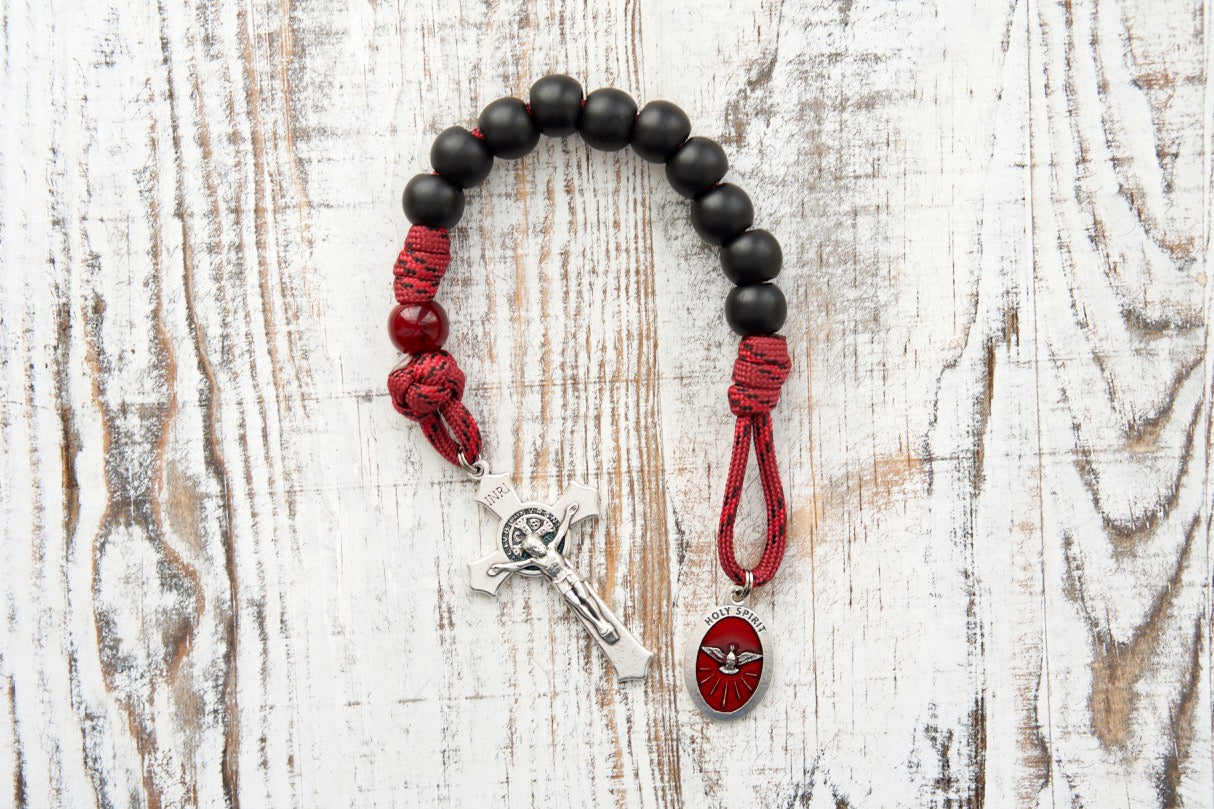 The Crimson Shield - Holy Spirit Confirmation 1 Decade Paracord Rosary: Durable, premium paracord rosary designed for boys or men preparing to receive the Sacrament of Confirmation, featuring a 2" St. Benedict crucifix and red enamel Holy Spirit devotional medal.