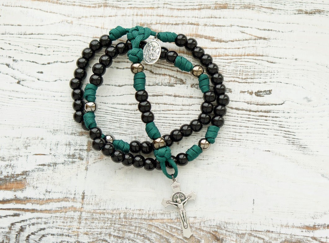 Dark Night of the Soul - 5 Decade Paracord Rosary with St. Michael, Guardian Angel, and St. Benedict Crucifix - Durable and Unbreakable Catholic Gift