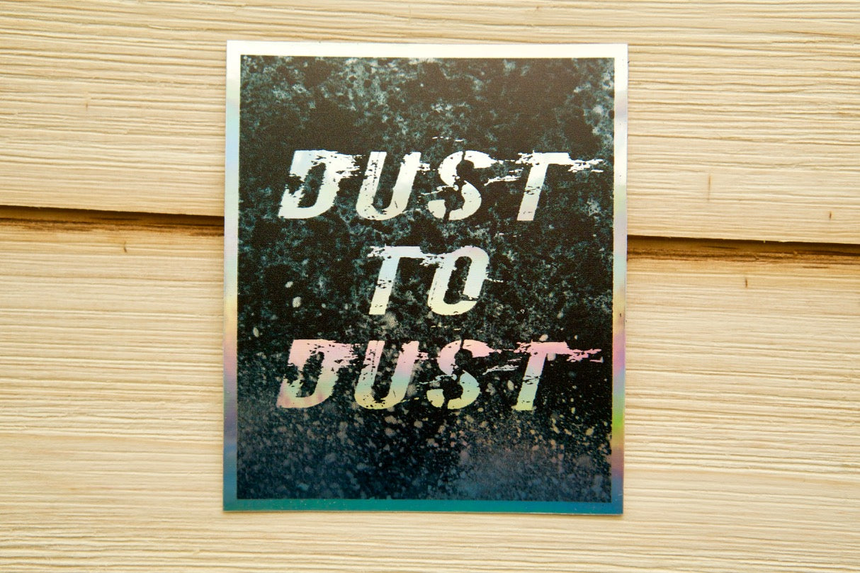 Waterproof holographic vinyl sticker featuring Genesis 3:19 verse, perfect for cars or laptops. Measures 2.54" x 3". Durable and easy to remove without residue.