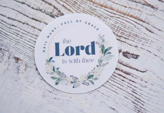 Hail Mary, Full of Grace - Vinyl Sticker - Start your day with this beautiful 3" x 3" Catholic vinyl decal featuring the beginning of the Hail Mary prayer from Luke 1:28. Perfect for cars, laptops, or fridges!