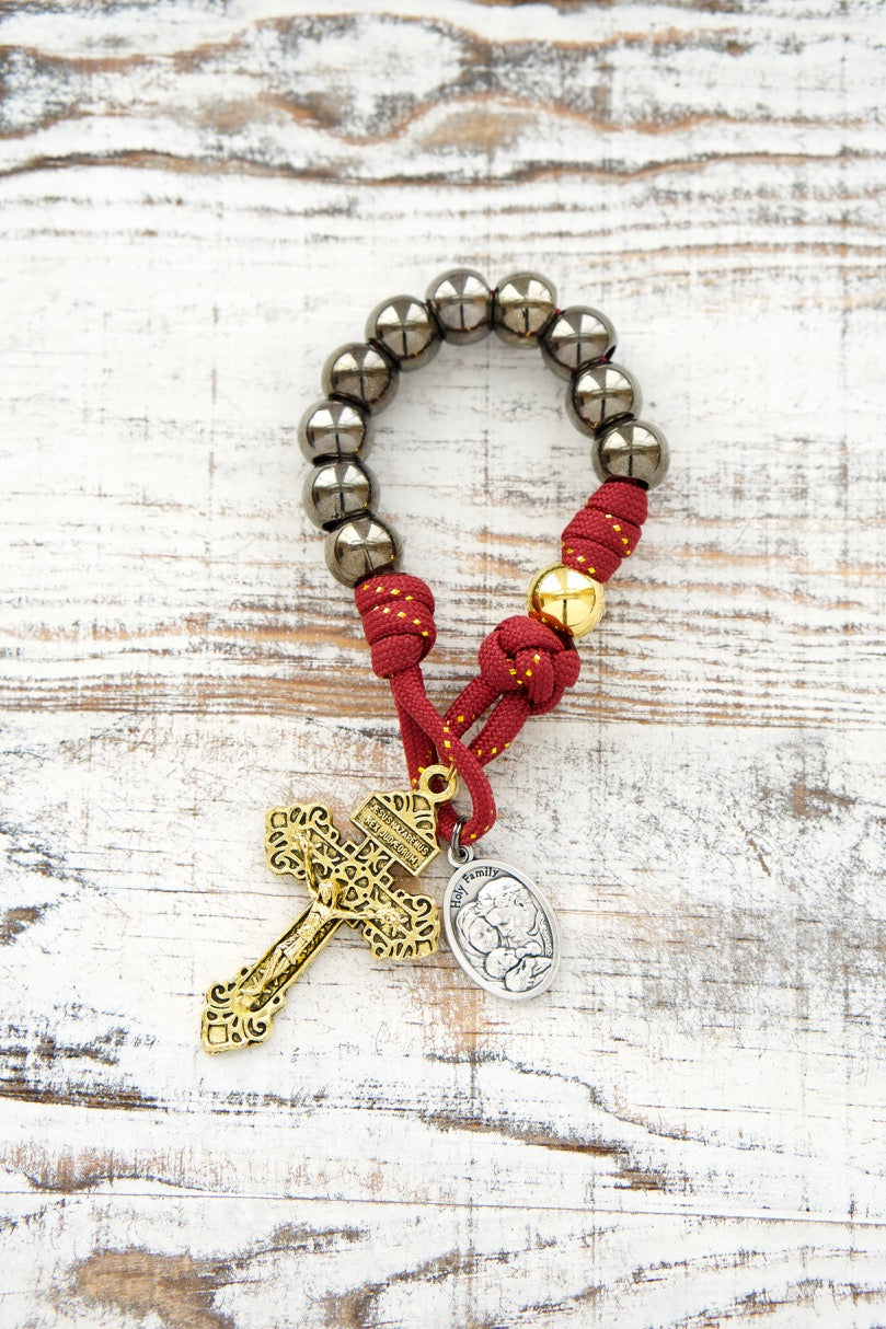 The Holy Family 1 Decade Paracord Rosary - Durable, Kid-Tested Catholic Rosary with Royal Red, Gold, and Gunmetal Design; Handmade by a Small Catholic Family of 6.