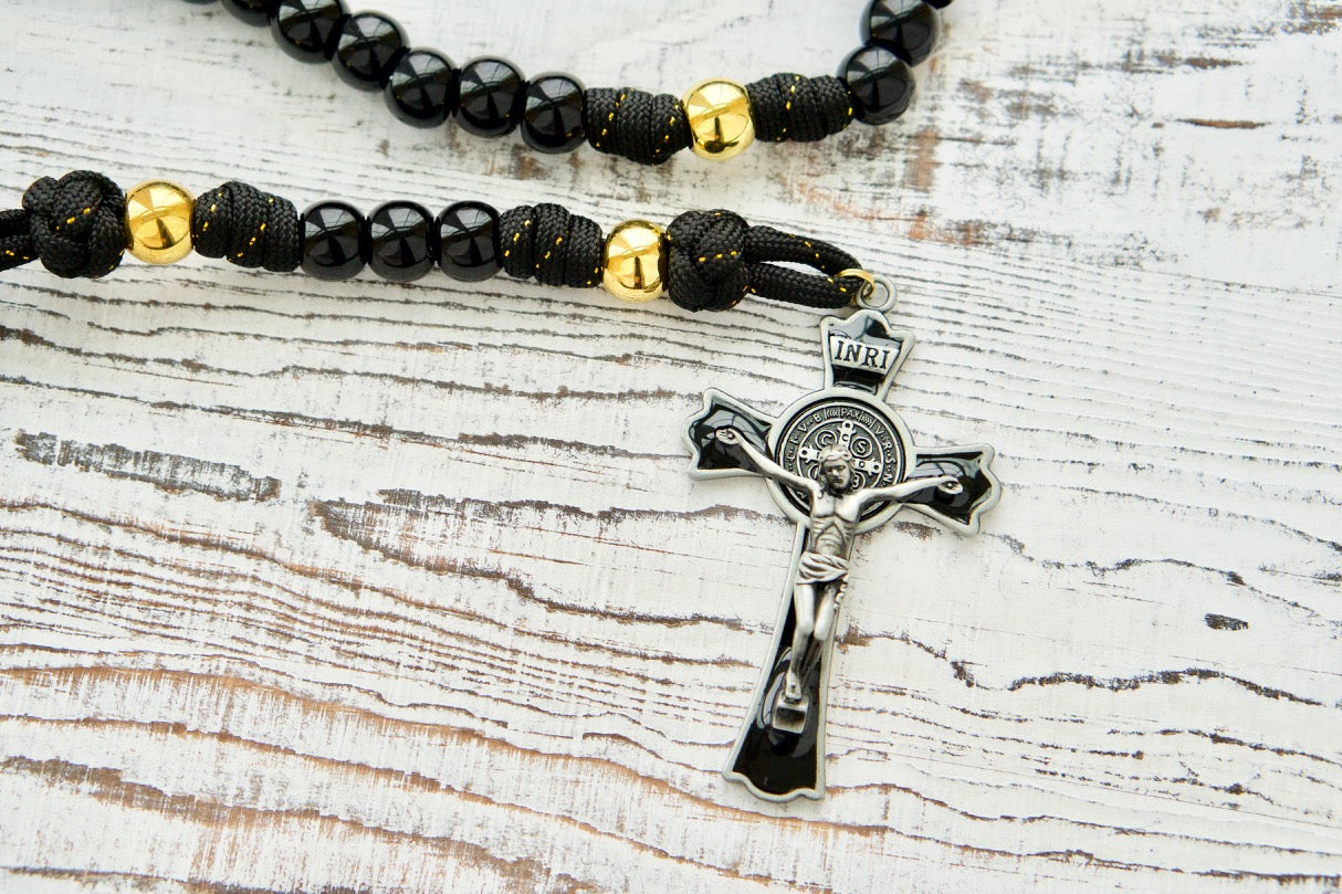 Black and Gold Holy Servant Paracord Rosary with Large Enamel Crucifix and Miraculous Medal - A Premium, Durable, and Unbreakable Catholic Gift for Personal Devotion or Special Occasions