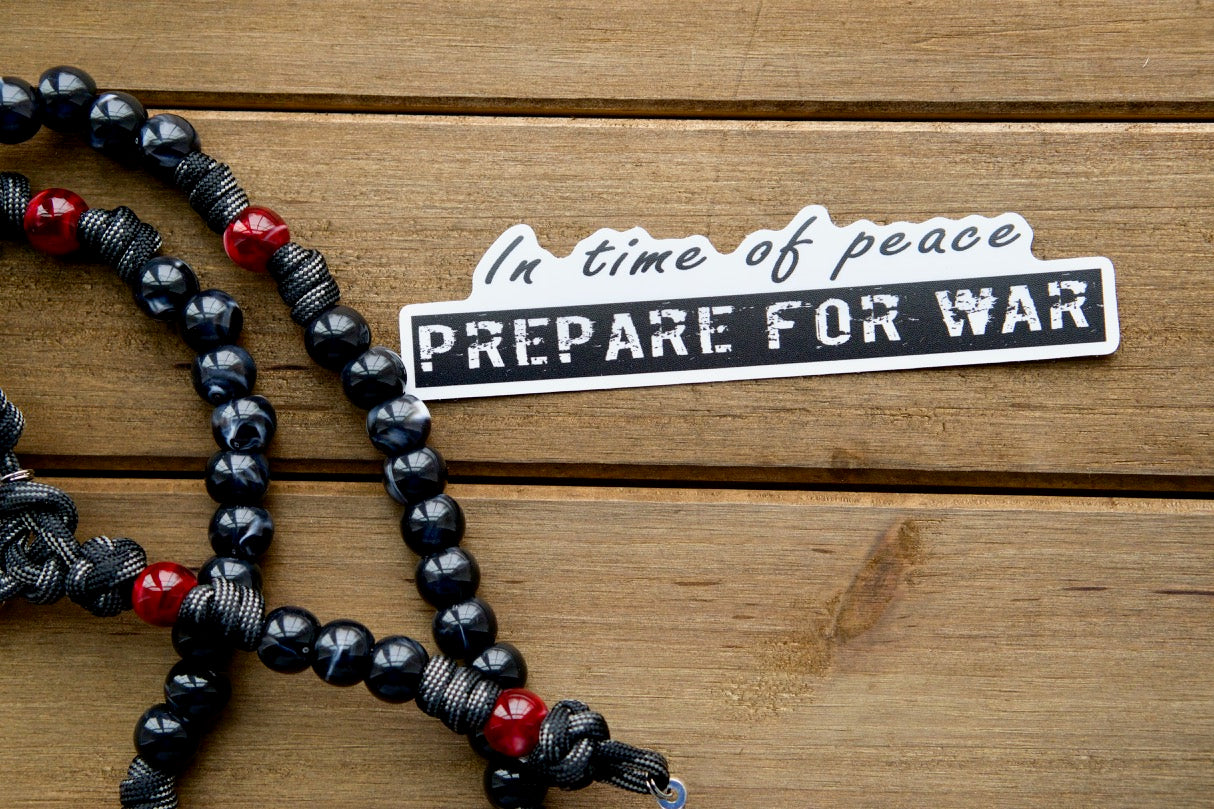 "Si vis pacem, para bellum" - In time of peace, prepare for WAR. This durable, premium vinyl sticker measures 5" wide and 1.35" tall, reminding you to always be prepared for the spiritual battles ahead.
